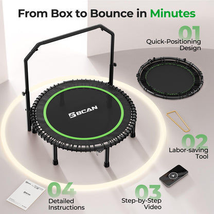 BCAN BT2 450/550LBS Mini Rebounder Trampoline for Adults with Bar, Fitness Trampoline with Bungees, Adjustable Handle, Stable & Quiet, Indoor Outdoor, Whole-Body Workout & Relaxation at Home-40IN-GRN
