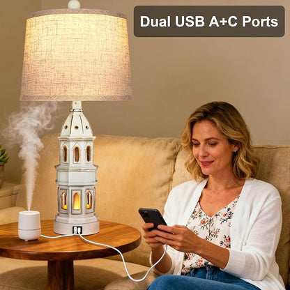 PARTPHONER Coastal Table Lamps Set of 2, Beach Lamps for Living Room with USB A+C, Nautical Lighthouse Lamps, Modern Bedside Nightstand for Bedroom, End Table and Reading