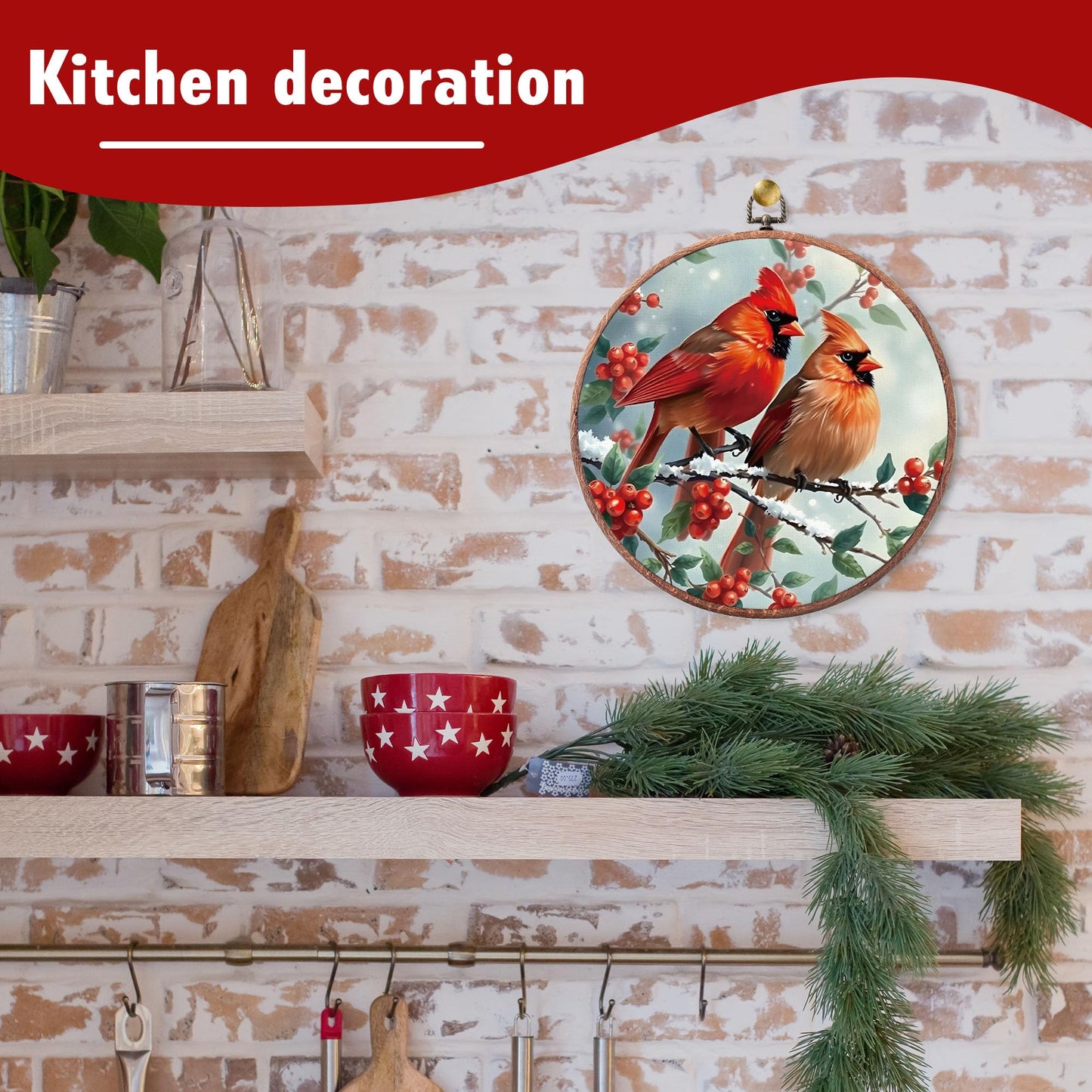 Round Winter Cardinals Framed Canvas Wall Art Decor, 10x10 Inches Christmas Canvas Wall Artwork, Christmas Embroidery Kit Decor for Home Office, Xmas Gift Ideas for Family Friends-A03