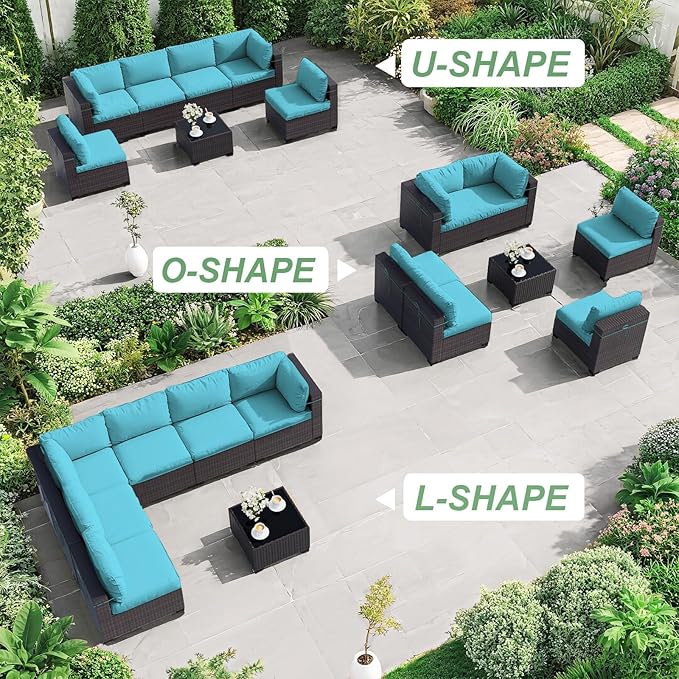ALAULM 7 Pieces Patio Furniture Set with Coffee Table, Outdoor Sectional with Thick Cushion, All Weather Wicker Rattan Conversation Set for Backyard, Garden, Deck, (Turquoise)