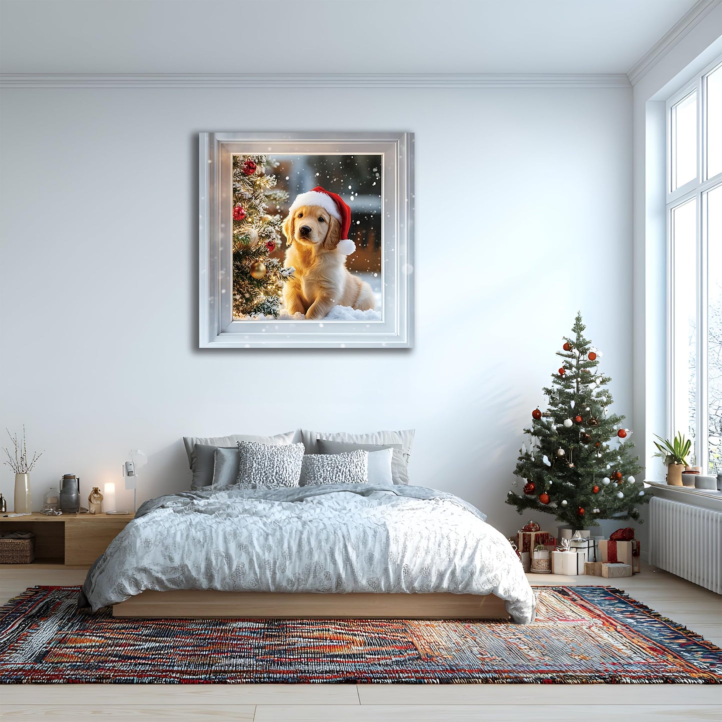 AMAZING WALL Peel and Stick Christmas Faux Window Sticker–Cute Puppy Holiday Wall Décor, Removable 3D Effect Festive Window Scene for Living Room,Bedroom,Office,31.5x31.5in/2PCS