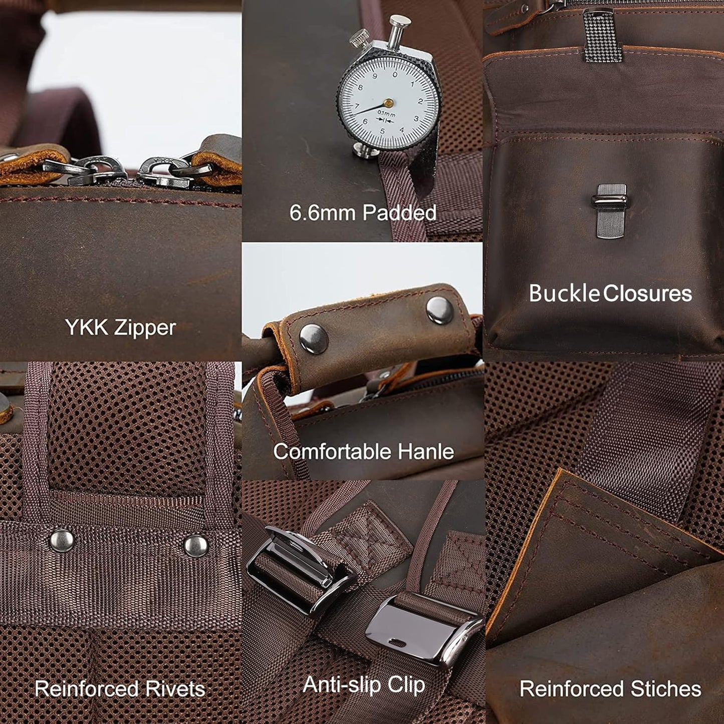 Masa Kawa Leather Backpack for Men Vintage 15.6 Inch Laptop Bag Multi Pockets Casual Work Travel Camping Daypack (deep brown)