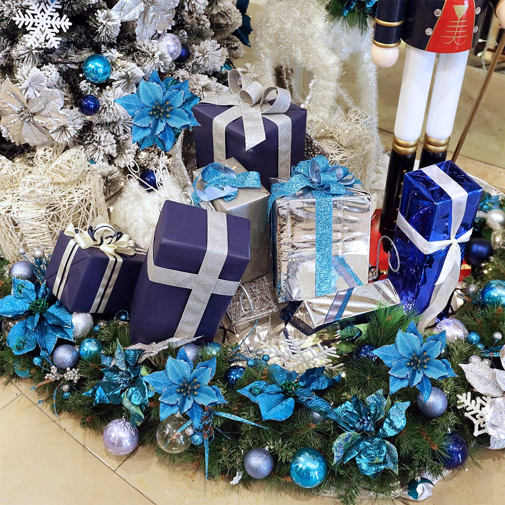 24 Set Christmas Blue Glitter Poinsettia Flowers Picks Christmas Tree Ornaments for Winter Blue Teal Christmas Tree Wreaths Garland Holiday Seasonal Wedding Decorations White Gift Box Included