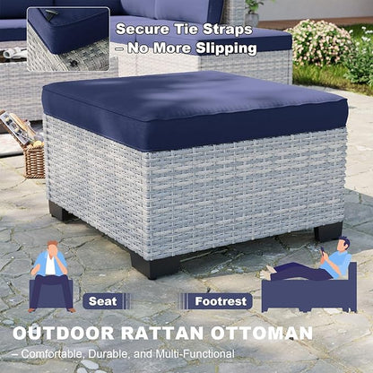 9-Piece Patio Furniture Set, Outdoor Sectional with Ottomans, Modular Patio Sofa, Dual-Strand Wicker Rattan, Rust-Resistant Frame, Backyard Furniture for Garden, Deck, Navy Blue