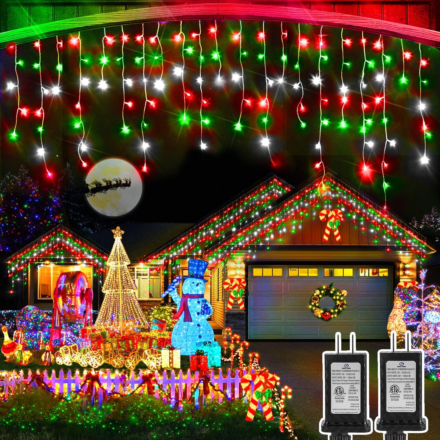 Christmas Lights Outdoor, 2 Pack Total 98FT 960 LED Ice Lights for Outside with 180 Drops 8 Modes Timer Memory, Plug in Waterproof for Holiday Eaves Yard Roof Party Decor (Red Green and Cool White)