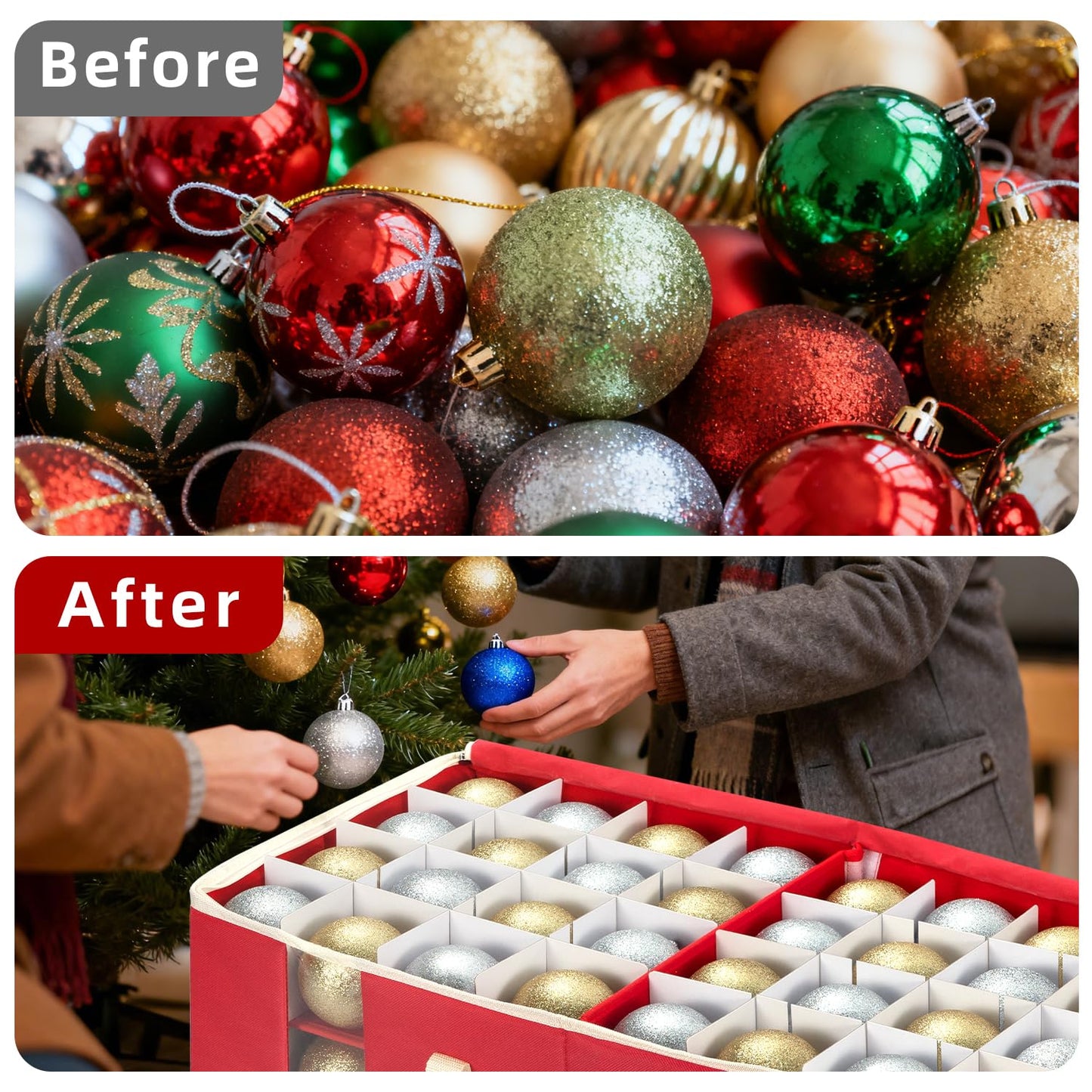 JY COOKMENT Christmas Ornament Storage Box with Adjustable Dividers, Large Holiday Ornaments Storage Container Bin with Zippered Top for Xmas Decorations (128-3" Balls, Red, Without Tray)