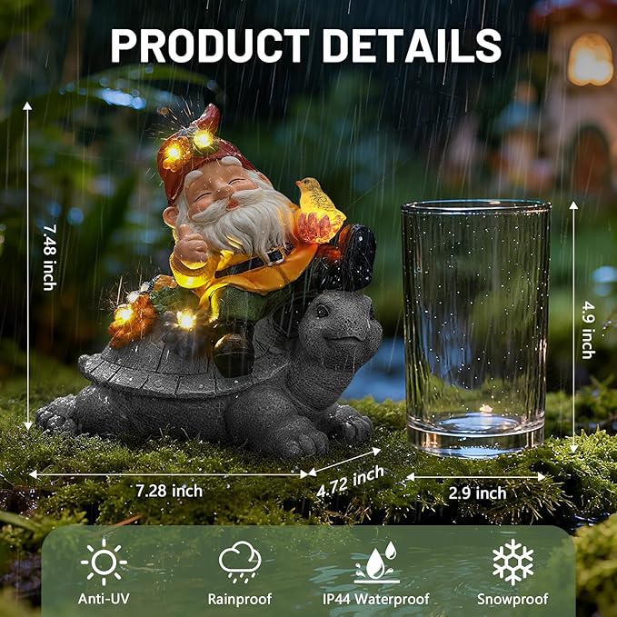 Solar Gnome on Turtle Statue Light, Weatherproof Resin Garden Decor Auto On/Off - Whimsical Night Glow for Fairy Garden,Yard