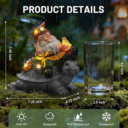 Solar Gnome on Turtle Statue Light, Weatherproof Resin Garden Decor Auto On/Off - Whimsical Night Glow for Fairy Garden,Yard