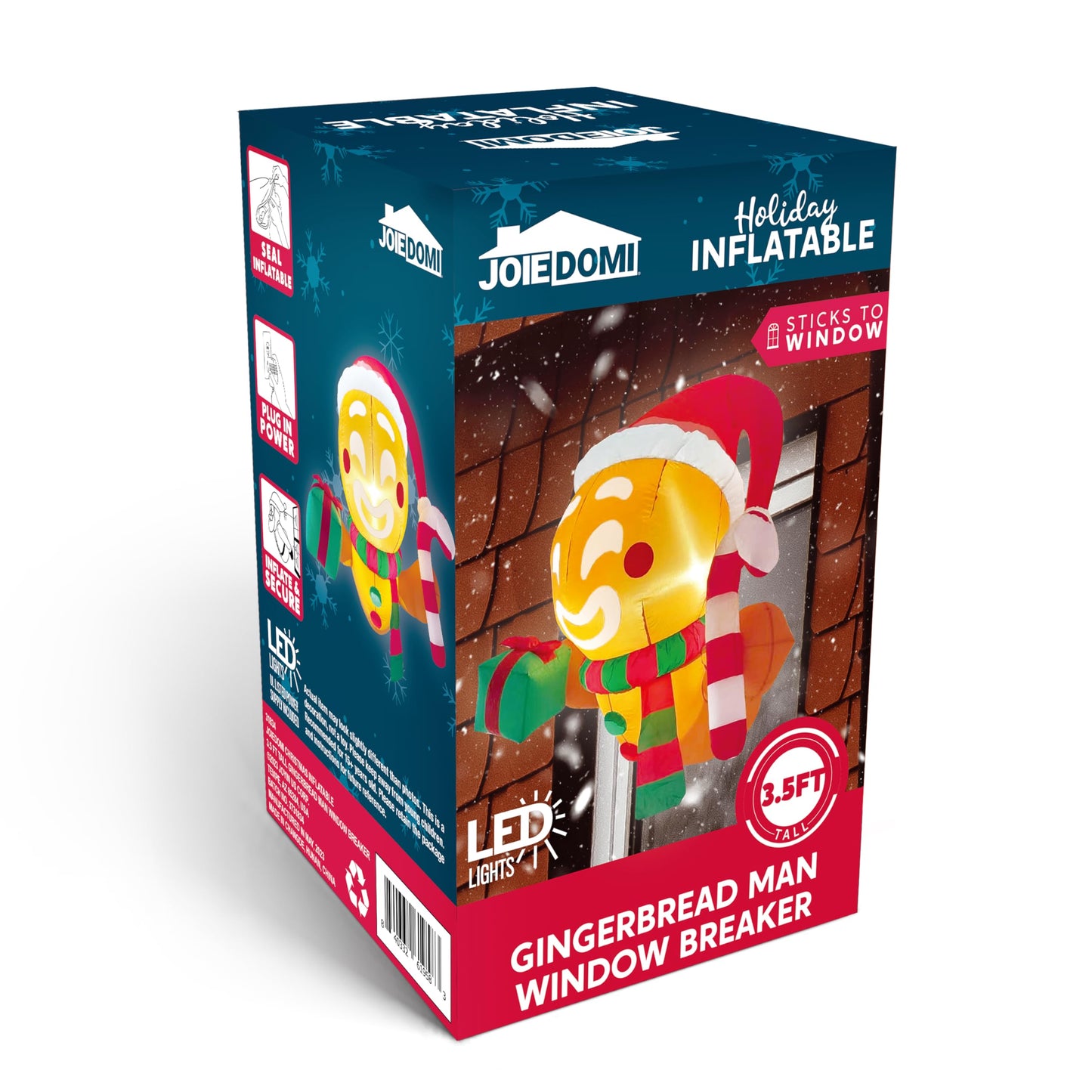 Joiedomi 3.5 FT Christmas Inflatable Gingerbread Man with Gift Box and Candy Cane Broke Out from Window, Blow Up Inflatable with Build-in LED for Window Decor, Xmas Party, Outdoor, Yard, Lawn Decor