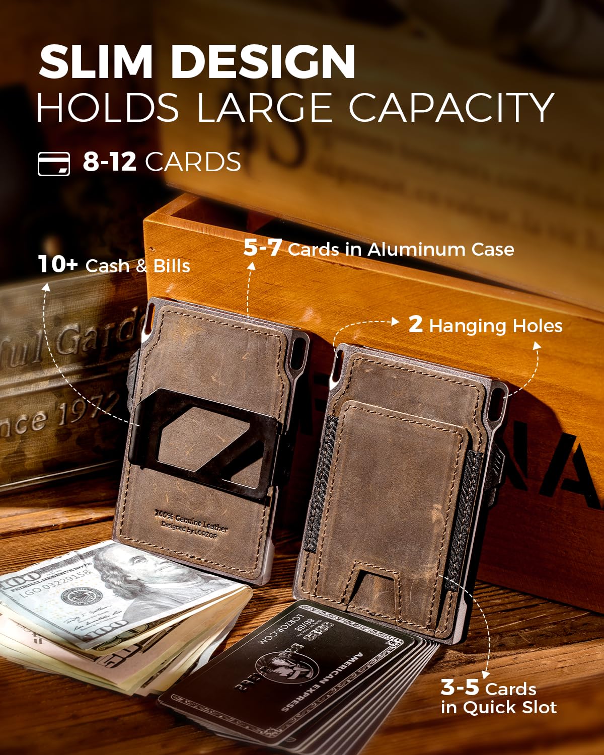 LORZOR Slim Tactical Wallet for Men- Minimalist Front Pocket Full Grain Leather Wallet for 10 Cards, RFID Blocking Aluminum Cardholder, Smart Pop Up Card Case, Money Clip, Gift Boxed(DistressBrown)