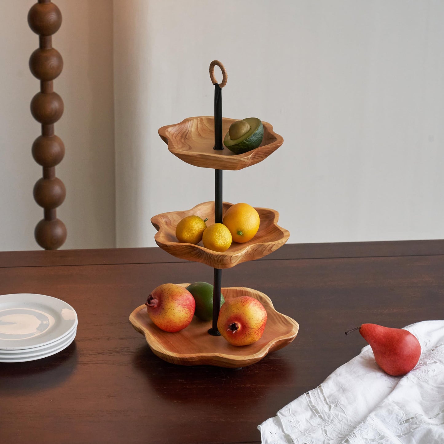 PJCOLL [PJ Collection] 3 Tier Wood Fruit and Snack Basket, Multi-Level Serving Tray, 3 Tier Cupcake Stand, Wood Plate, Three Tier Fruit Stand, Fruit Stand Holder, Handcrafted Home Goods (Round)
