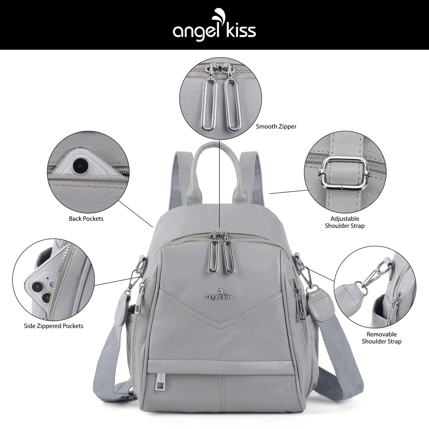Angel Kiss Small Backpack Purse for Women,Soft Vegan Leather Roomy Backpacks,Designer Ladies Shoulder Backpack Fashion Handbag with Removable Strap,Grey