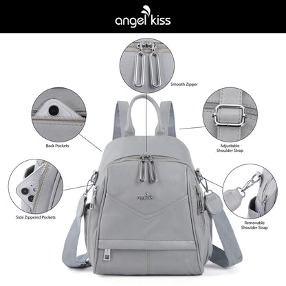 Angel Kiss Small Backpack Purse for Women,Soft Vegan Leather Roomy Backpacks,Designer Ladies Shoulder Backpack Fashion Handbag with Removable Strap,Grey