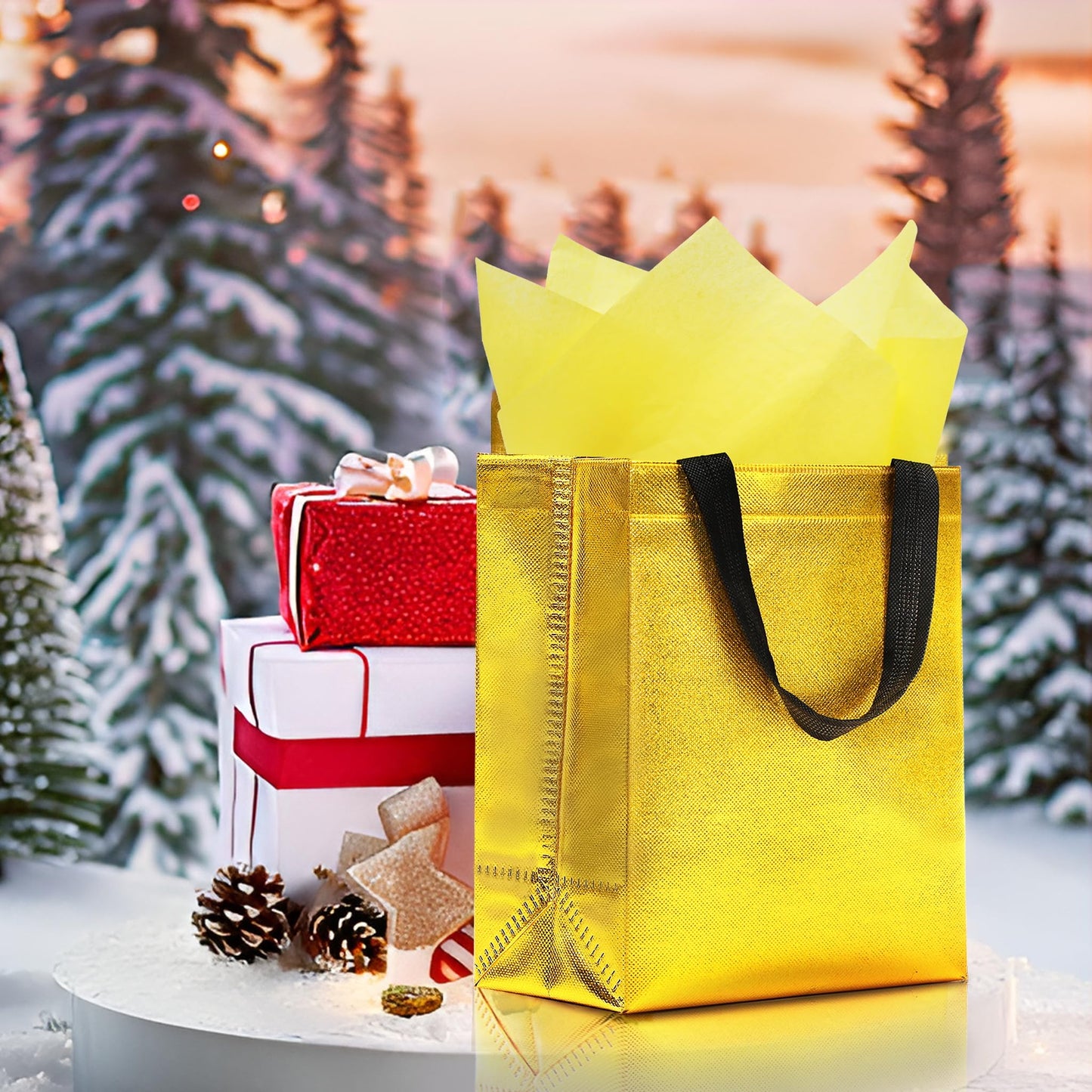 KeerxunBag 12pcs Reusable Gift Bags（Includes Tissue Paper） Gift bag with handle Birthdays Parties Holidays Weddings Medium 10x4x8in gold color Gift Bags
