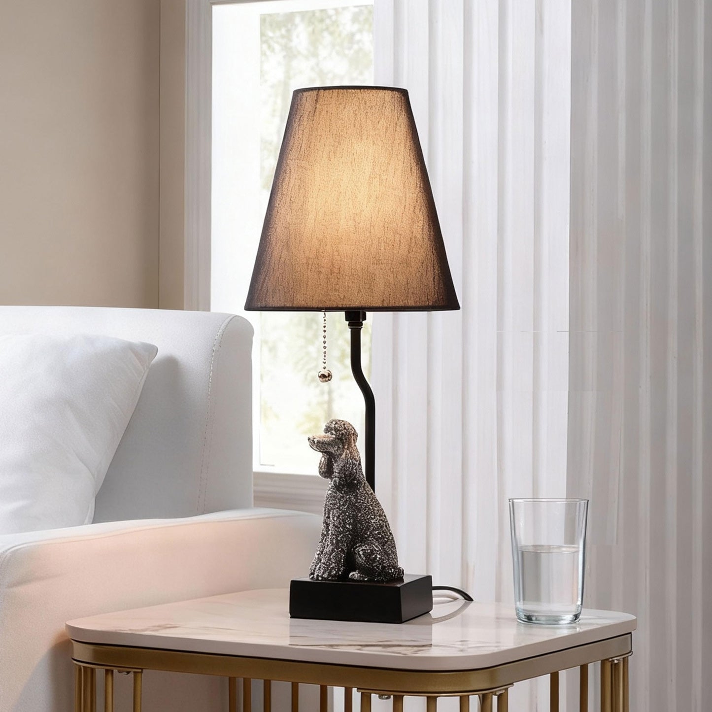 JJDQB Portable Poodle Table Lamp with USB-C & USB-A Charging Ports, Black Fabric Shade & Dog Figurine Base, Nightstand/Bedside Lamp with Pull Chain Switch – Gift for Dog Lovers 24094