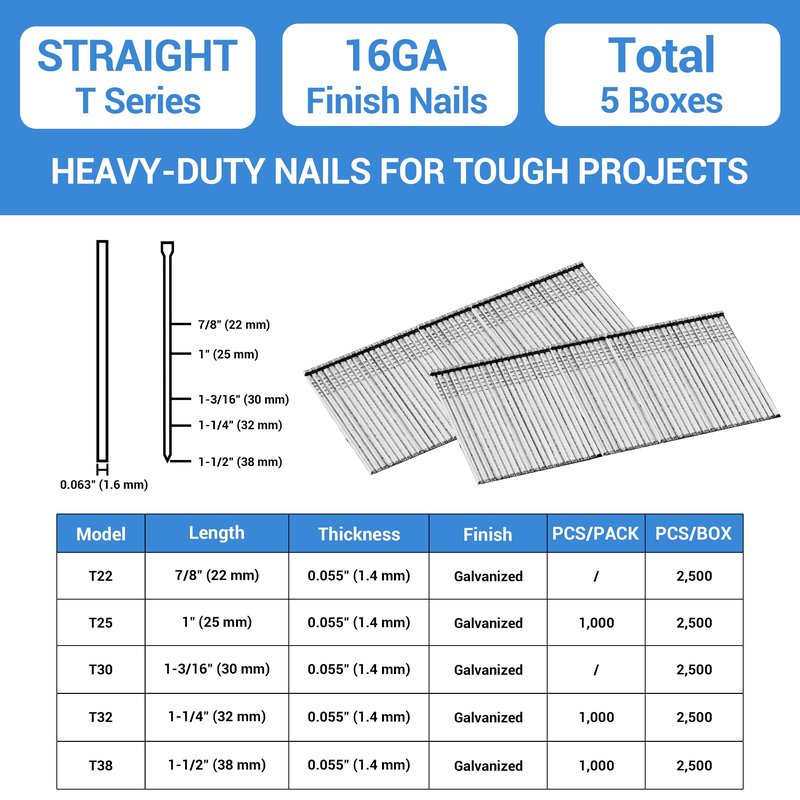 meite 16 Gauge Finish Nails 1-1/4 Inch Galvanized Straight Finishing Nails for Finish Nailer Gun Window Casing Baseboard Crown Molding, 5 Boxes/12,500PCS
