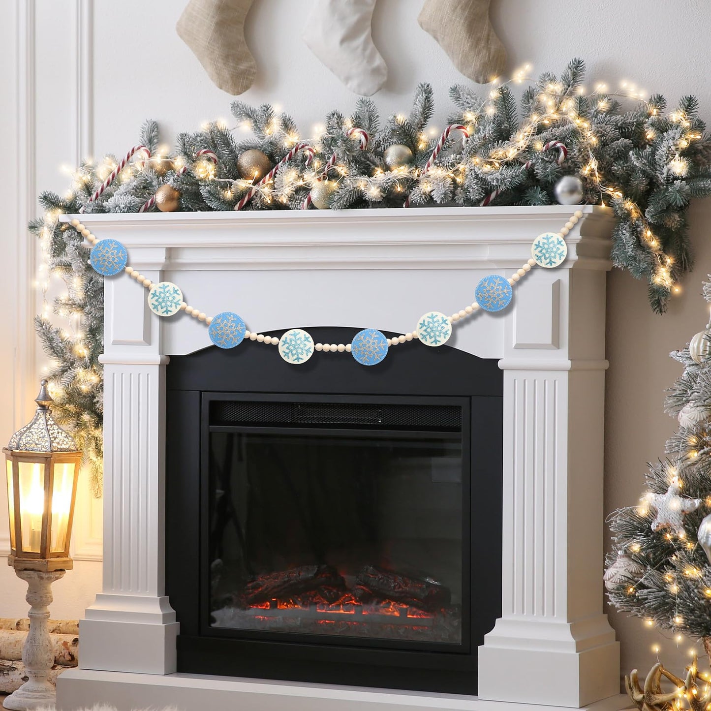 RGISHOP Felt Snowflake & Wood Bead Garland - 6.5FT Christmas Decorations for Home Fireplace Wall Hanging