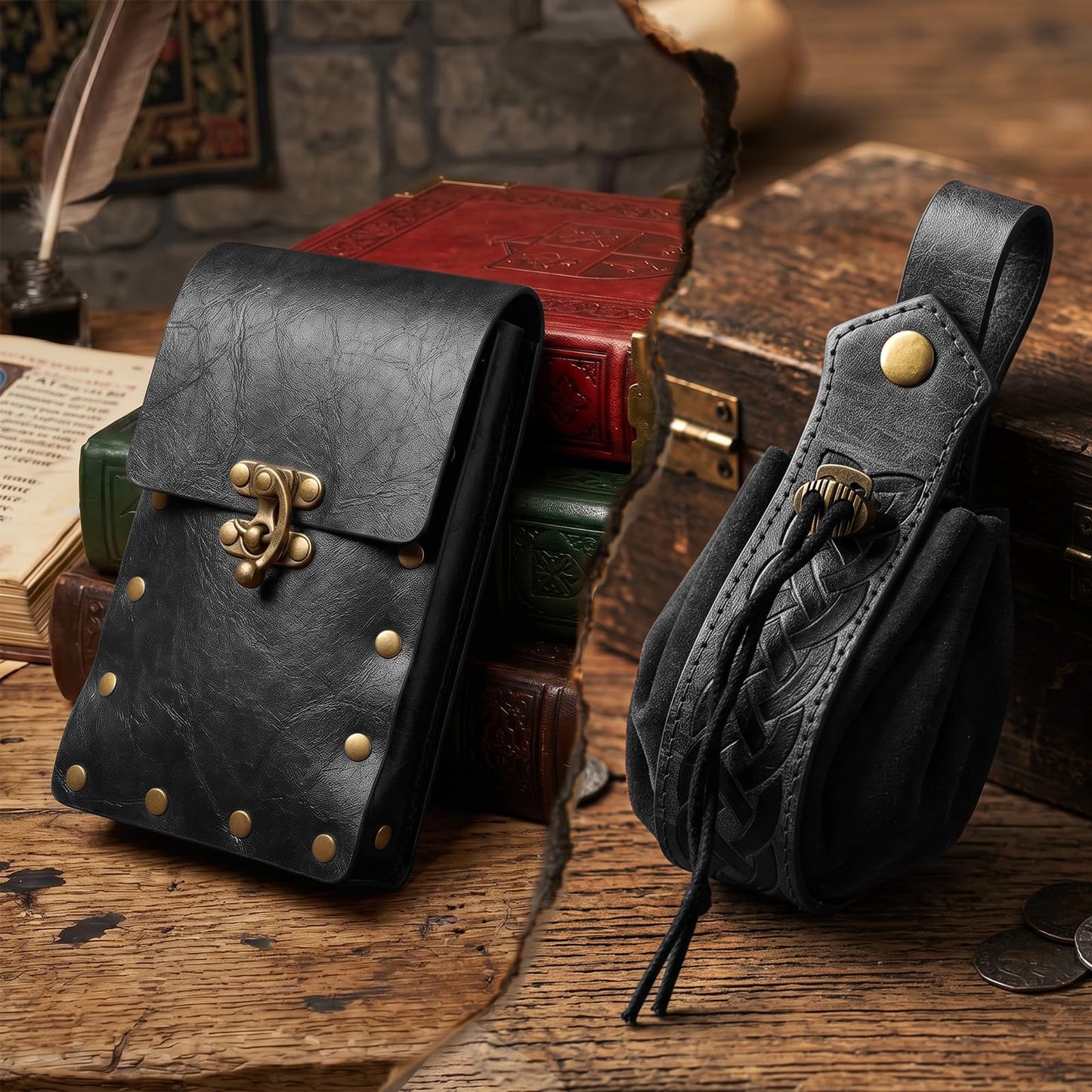 Renaissance Medieval Belt Pouch Set - Medieval Accessories with Pirate Belt Waist Bag Purse for Halloween & Cosplay (Black-A)