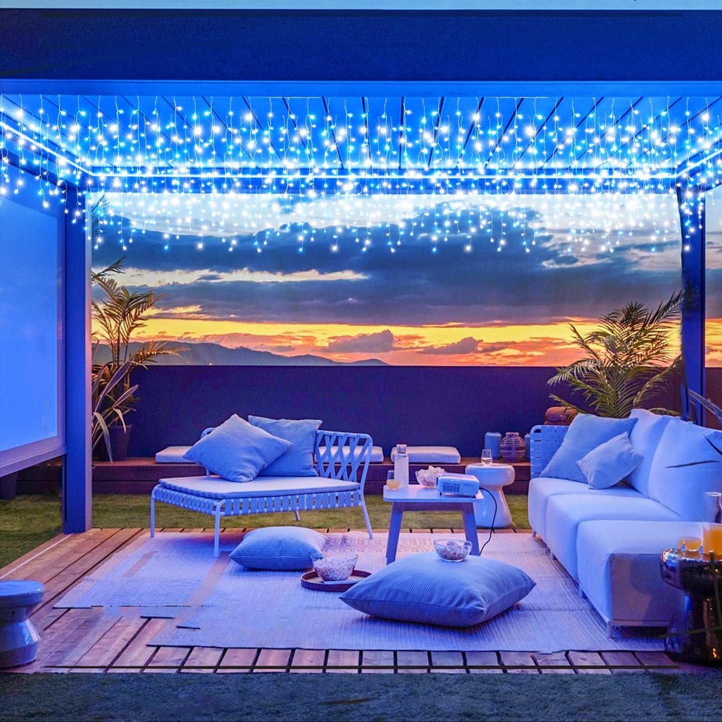 33ft Icicle Lights for Outside, Blue and White Christmas Lights Outdoor Indoor, 400 LED Twinkle String Light with 75 Drops Short Curtain Light for Thanksgiving Room Home Wall Bedroom Window Decoration