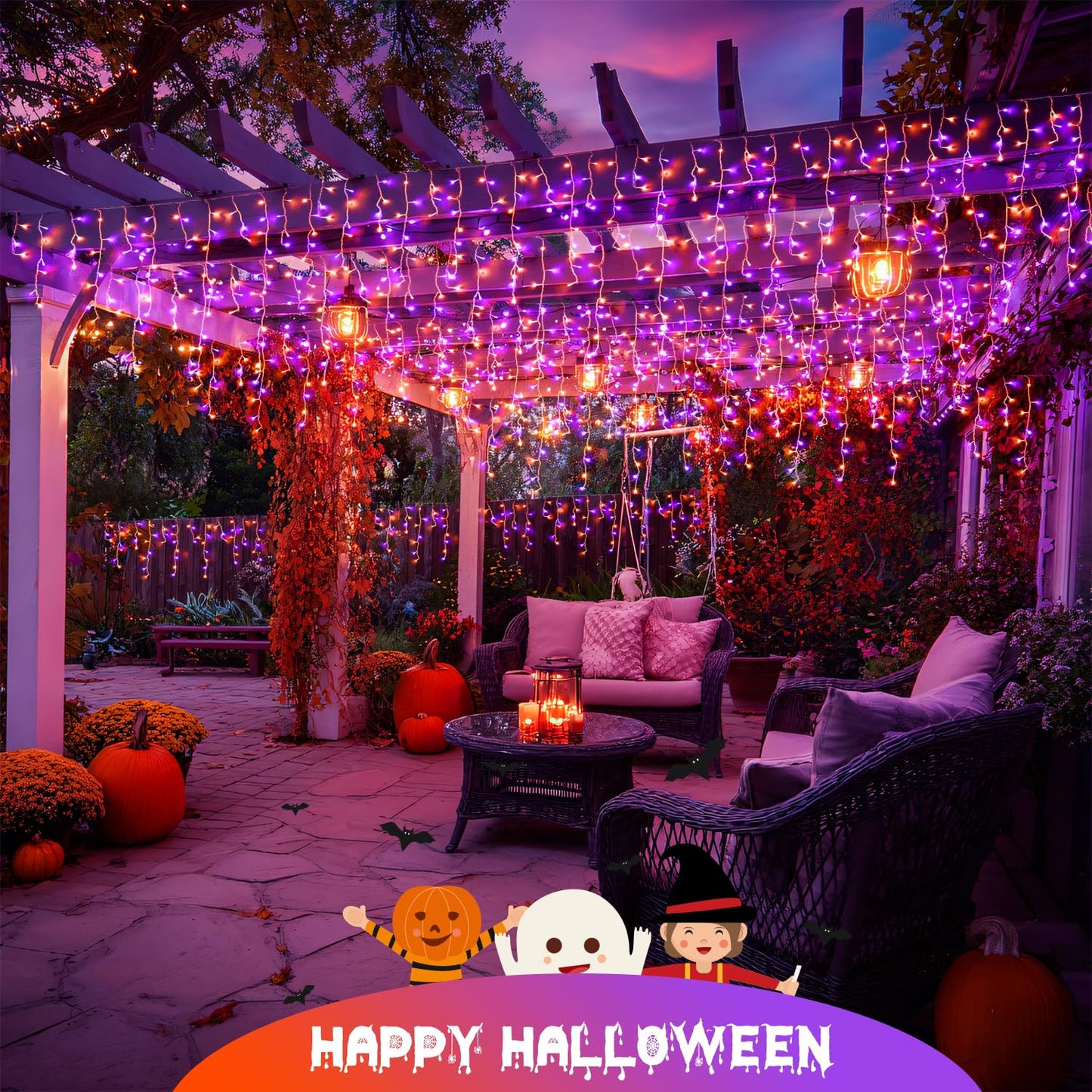JMEXSUSS 400 LED Orange and Purple Christmas Lights Outdoor, 38.8 FT Orange and Purple Icicle Light Outdoor Waterproof, 8 Modes Halloween Lights Plug in for House Christmas Party Decorations