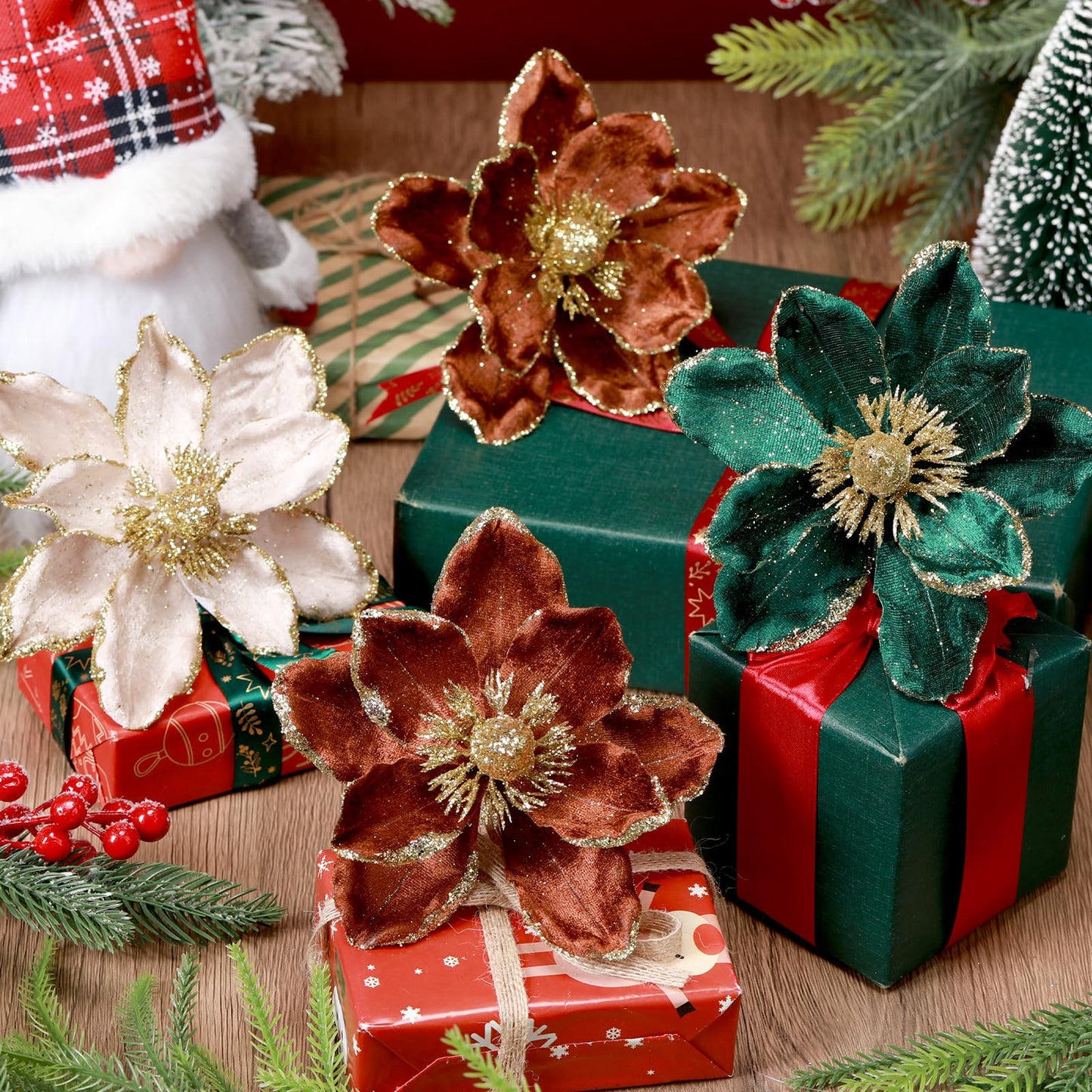 Suncalla 18 Pcs 5.9'' Large Christmas Magnolia Flower Artificial Glitter Velvet Christmas Tree Decoration Fold Xmas Ornaments for Tree Xmas Holiday Wedding Party New Year (Classic,White,Brown,Green)