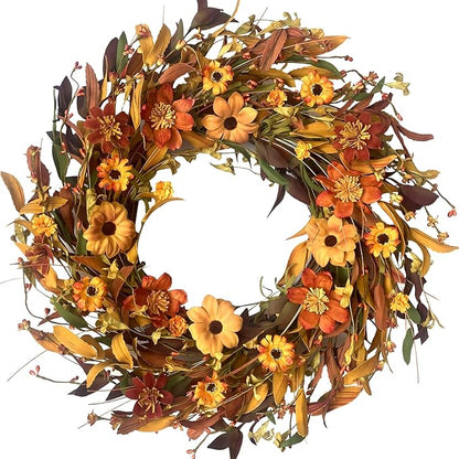 Fall Front Door Wreath,18” Artificial Floral Wreaths with Colorful Daisies and Fall Orange Wreath for Front Door Wall Window and Thanksgiving Decor