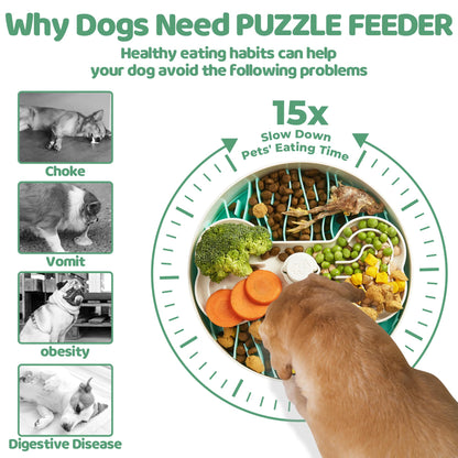 Puzzle Feeder Slow Feeder Dog Bowl for Large Dogs with Non-Slip Base - Adjustable Speed Design, Removable Puzzle Inserts & Dishwasher Safe, Green