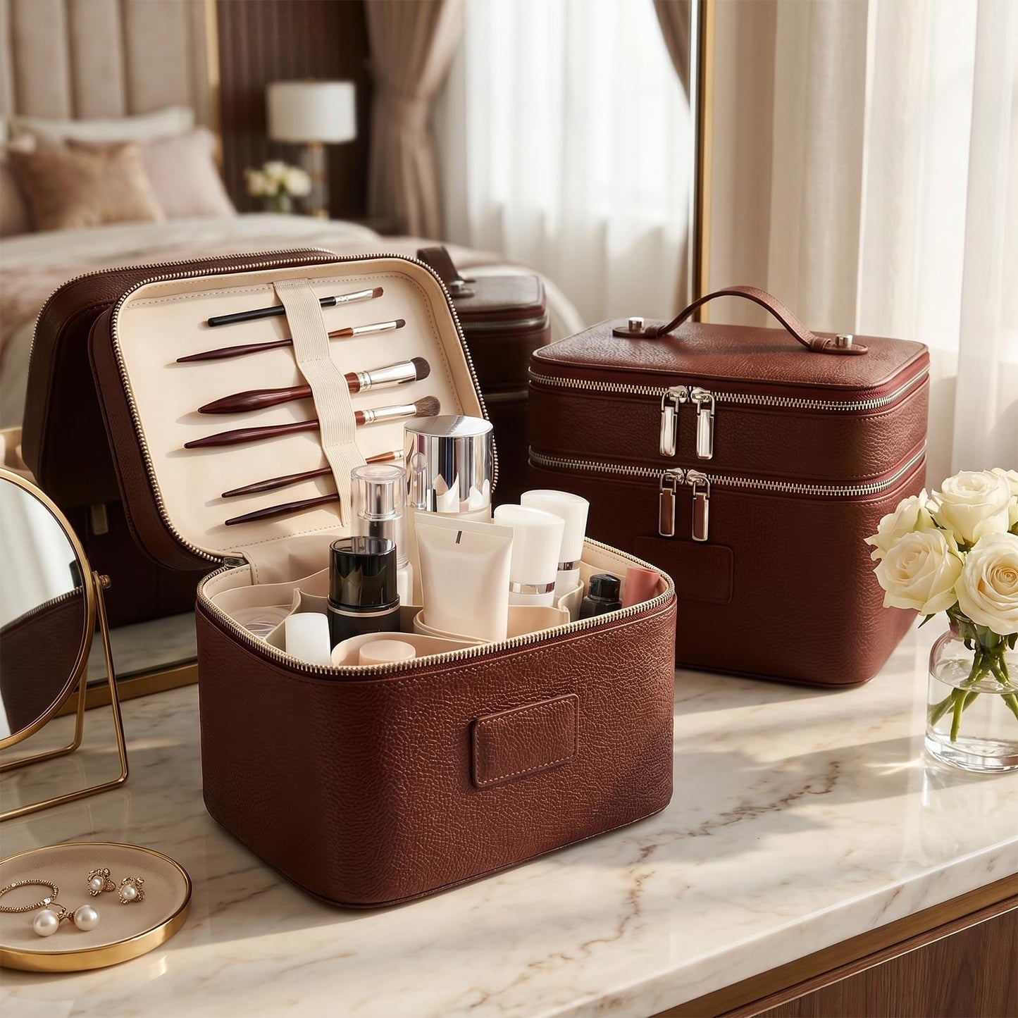 idoltimes Makeup Case, Large Capacity Leather Makeup Bag for Women,Large Capacity Waterproof Double Leather Cosmetic Case,Removable Compartment Travel Organizer