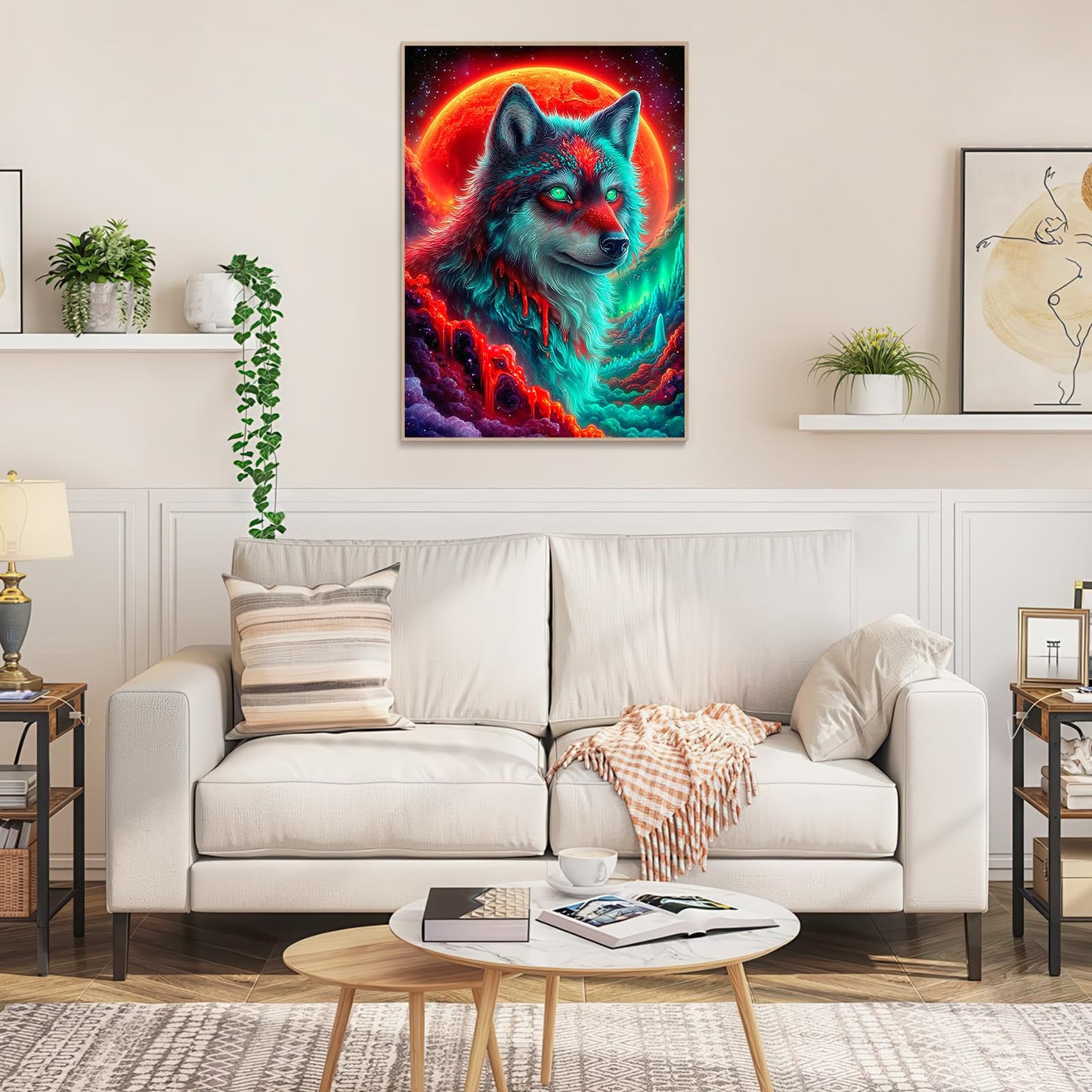 1000 Piece Jigsaw Puzzle, Psychedelic Neon Wolf with Green Eyes