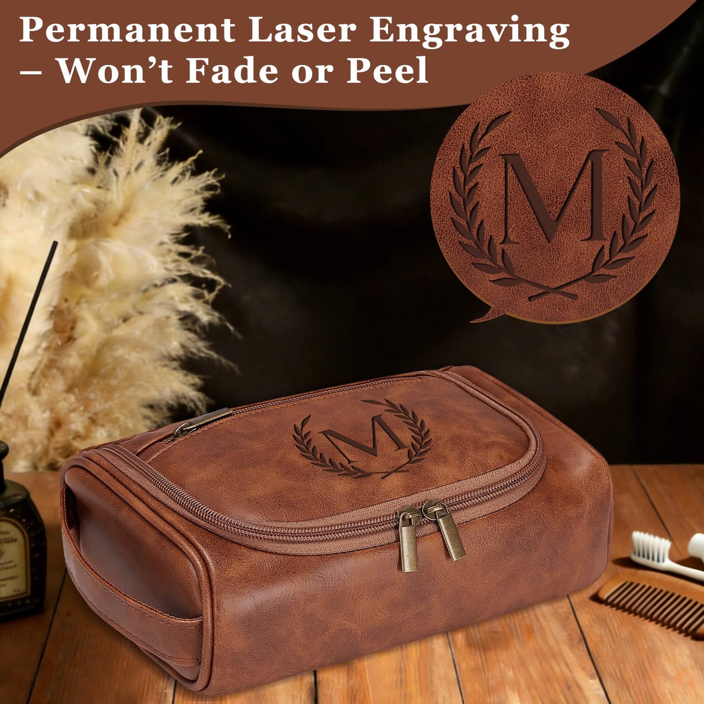 Aganmi Personalized Toiletry Bag Fathers Day Birthday Gifts for Men Dad Husband, Laser-Engraved Initial Waterproof PU Leather Toiletry Organizer Dopp Kit Shaving Bag Travel Essential Reddish Brown J