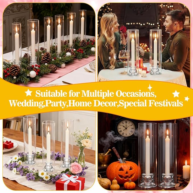 24 Set Hurricane Glass Candlestick Holders 12.6" Two Side Open Glass Candle Holders and 2.2" Taper Candlesticks Holder Bulk for Table Centerpiece Wedding Christmas Home Decor