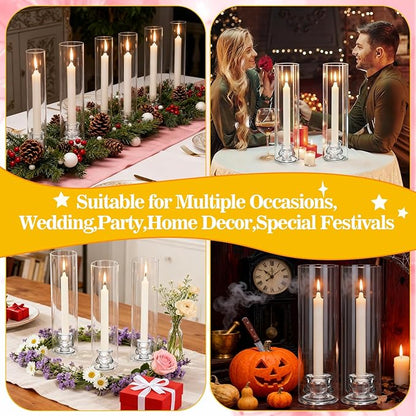 24 Set Hurricane Glass Candlestick Holders 12.6" Two Side Open Glass Candle Holders and 2.2" Taper Candlesticks Holder Bulk for Table Centerpiece Wedding Christmas Home Decor