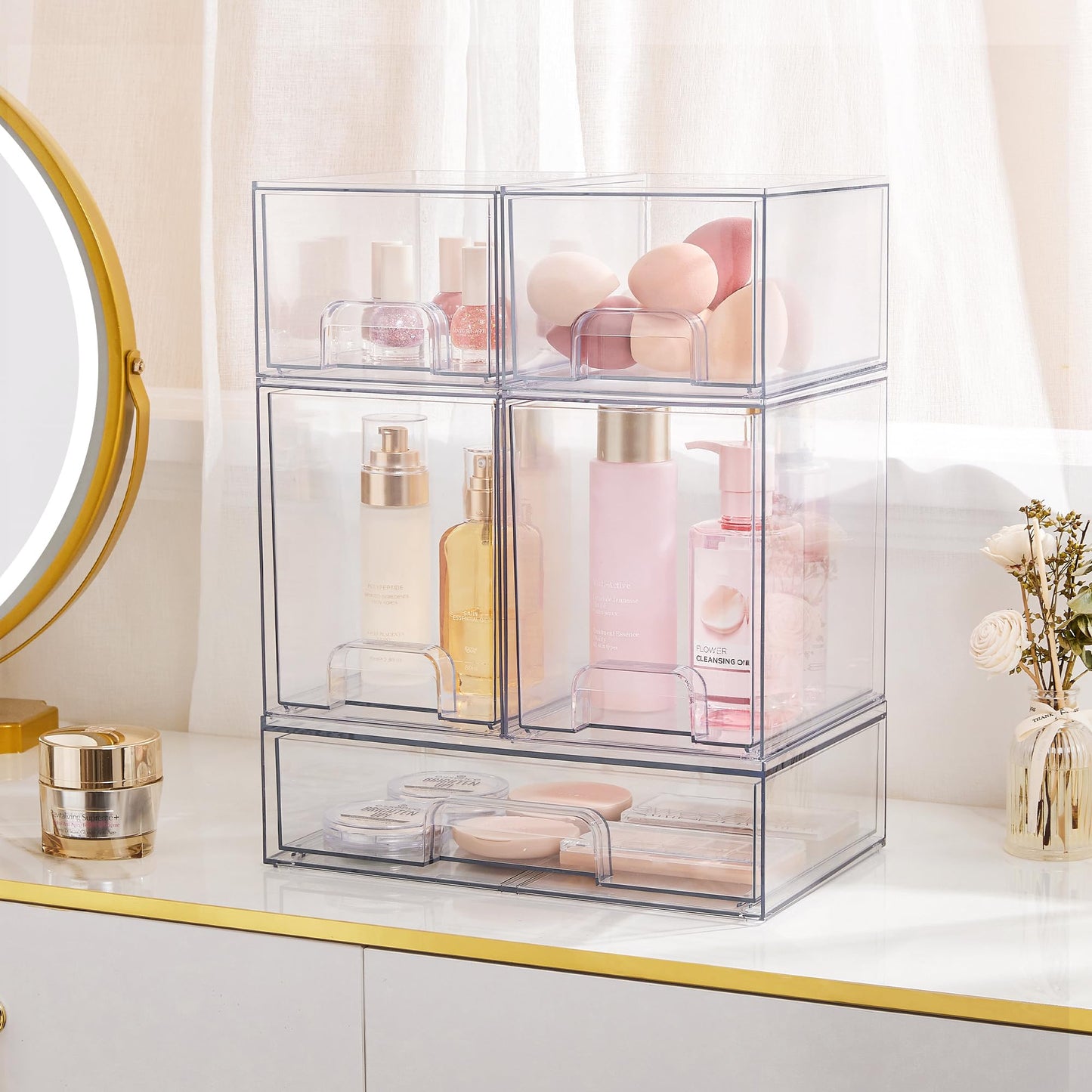 Vtopmart Stackable Storage Drawers Set of 5, Clear Plastic Organizer Bins for Baby Bottle, Beauty Supplies Storage, Ideal for Kichen Countertop, Vanity, Bathroom, Cabinet, Pantry Organization