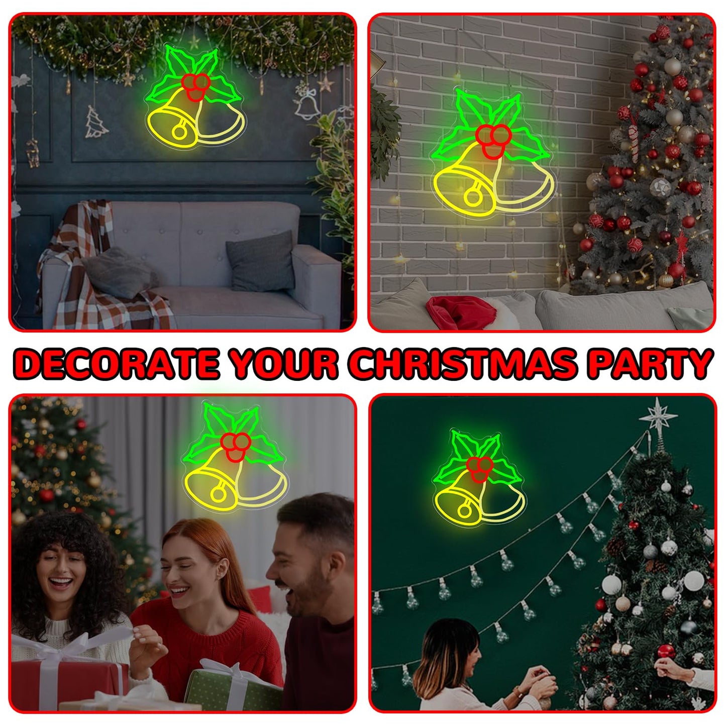 hhuohuona Christmas Bells Neon Signs for Wall Decor Dimmable Neon Christmas Sign Flashing Bell with Holly Led Sign Xmas Light Up Sign Led Window Lights for Home Party