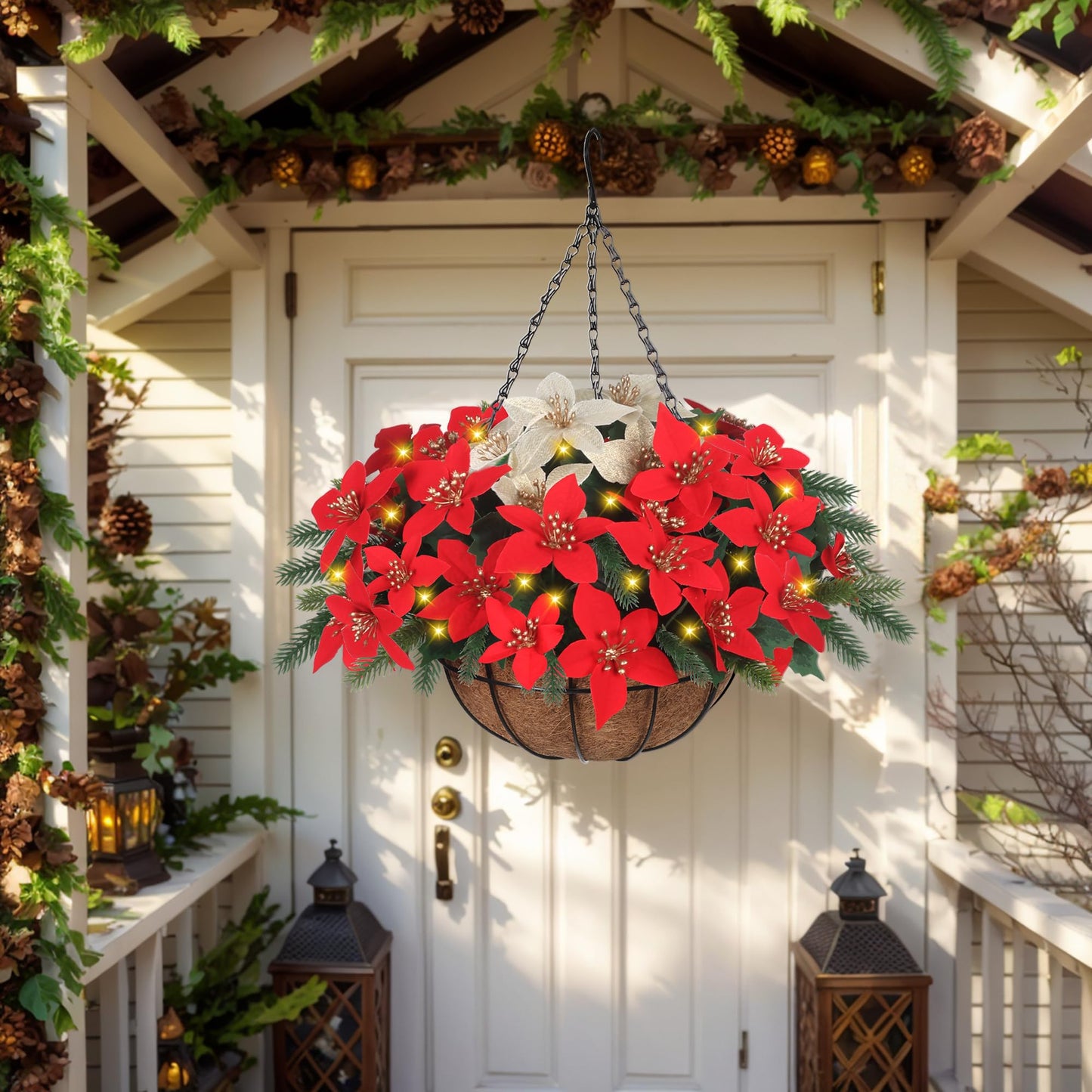 Florielle Artificial Fake Christmas Hanging Flowers Plants Basket with LED Lights, Faux Poinsettia, Pine Branches, for Outdoor New Year Xmas Decoration, Porch Home Holiday Decor (Green Pine Branches)