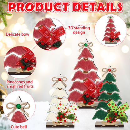 CroBlissful 3 Pcs Wooden Christmas Tree Tabletop Decorations Christmas Centerpieces for Table Rustic Xmas Tiered Tray Decor Table Sign with Hemp Rope Bow Bell for Holiday Party(Classic)