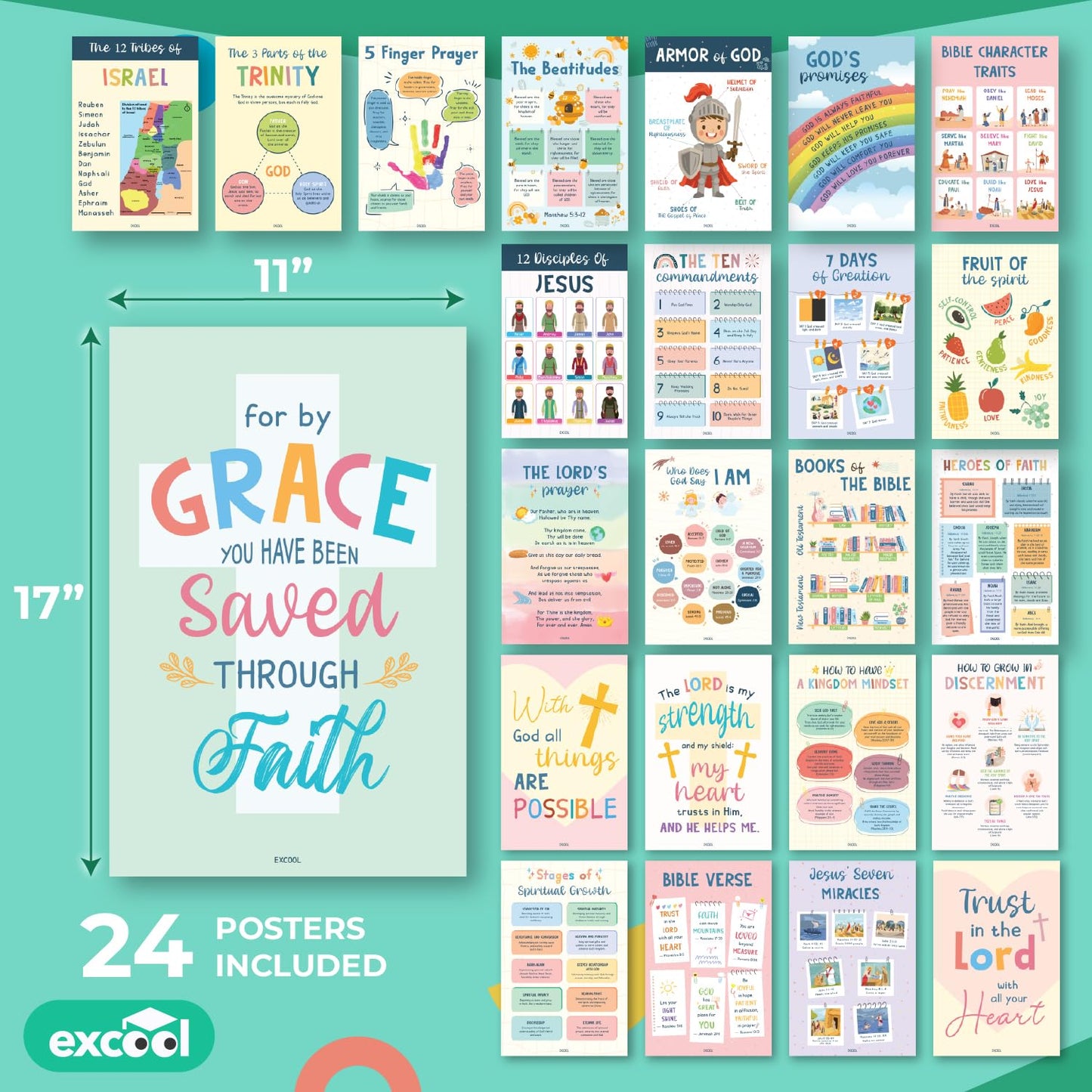 Excool Club Sunday School Decorations For Classroom - 24 Book Of The Bible Posters For Kids, Ten Commandments Fruit Of The Spirit Wall Art, Bible Study Supplies For Christian Classroom Decor (11"x17")
