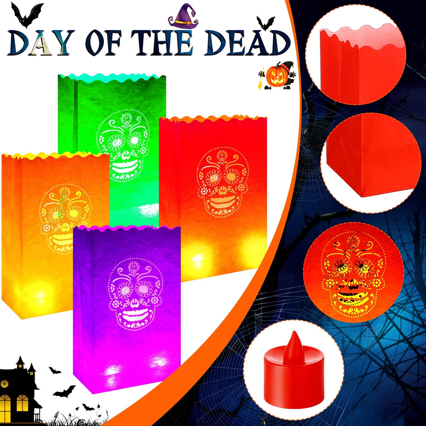 Meanplan 32 Set Day of The Dead Luminary Bags with 32 LED Tea Lights Flameless Candles, Dia De Los Muertos Luminary Mexican Christmas Paper Lantern Bags for Party Decor