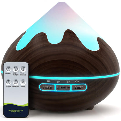 Essential Oil Diffuser for Home 500ML, Ultrasonic Large Diffuser Oil Machine with Remote Control, Aromatherapy Diffusers for Home Office Room, Aroma Diffuser with 14 Color LED & 2 Mist Mode, Brown