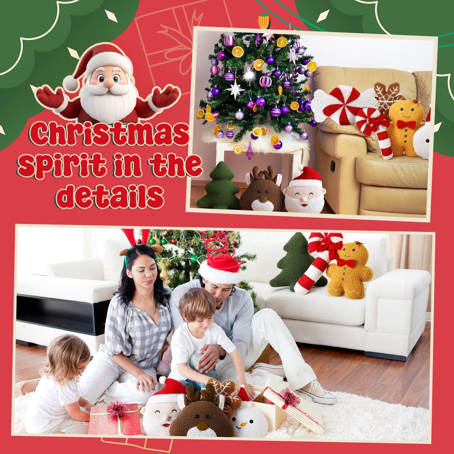 Thyle 8 Pack Christmas Throw Pillows 8''-14'' Decorative Gingerbread Candy Cane Peppermint Xmas Tree Snowflake Elk Santa Claus Stuffed Pillow Sofa Cushion for Christmas Party Couch Decoration