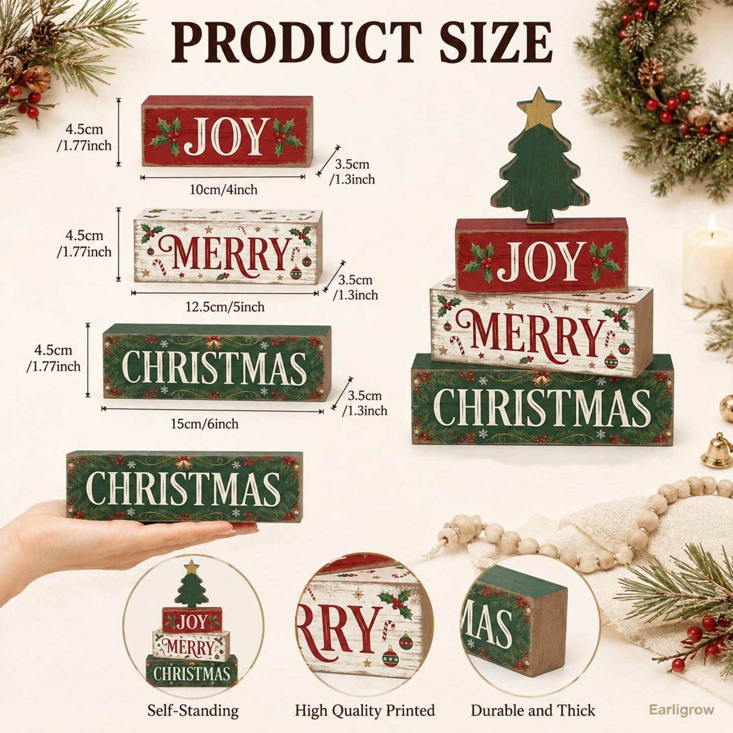 4 Pcs Christmas Decor Joy Merry Christmas Wooden Block Signs Farmhouse Rustic Tabletop Centerpiece Xmas Tiered Tray Decor with Green Tree for Home Kitchen Mantel Shelf Party Gift
