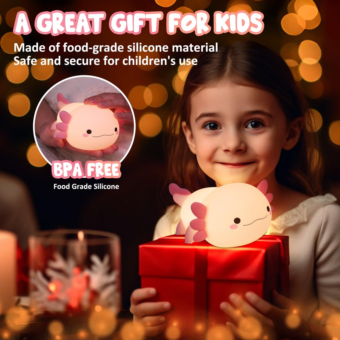 Lampeez Axolotl Gifts, Cute Axolotl Night Light, Soft Silicone Lamp Nursery Nightlight LED Touch Light, Bedroom Decor as Xmas Birthday Gift for Boys Girls