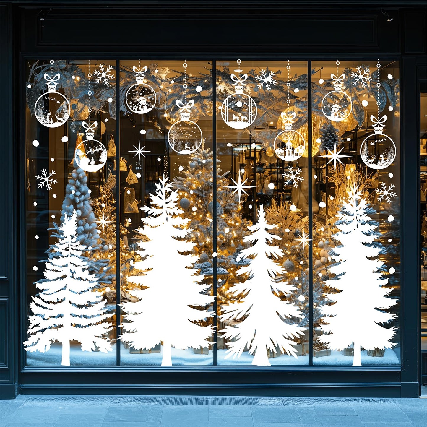 JarThenaAMCS 13.8 * 35.4'' Extra Large Winter Christmas Window Clings 4 Sheets White Xmas Tree Ball Window Stickers Double-Sided Glass Decals for Home Classroom Office Party Decoration