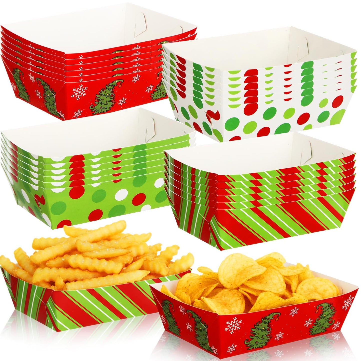 Dunzoom 48 Pcs Christmas Paper Food Trays Plates Disposable Christmas Movie Snack Trays Santa Elf Snowman Red Green Plates Nacho Hot Dog Serving Boat for Xmas Party Supplies Decoration (Style 2)