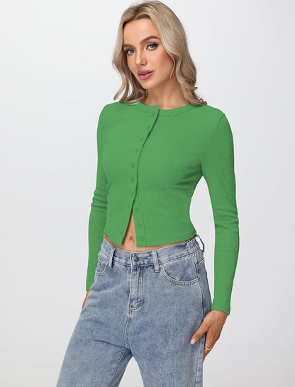 Womens Long Sleeve Tops Fall Lightweight Cardigan Cropped Going Out Shirts Ribbed Button Down Cute Trendy 2025