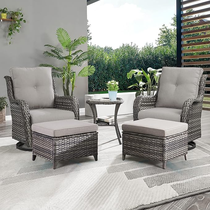 Rilyson Wicker Patio Furniture Set - 5 Piece Rattan Outdoor Sectional Conversation Sets with 2 Swivel Rocking Chairs,2 Ottomans and 1 Side Table for Porch Deck Garden(Mixed Grey/Grey)