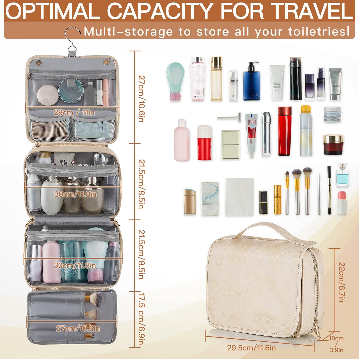 Elviros Hanging Travel Toiletry Bag for Women, 3-in-1 Large Makeup Bag and Cosmetic Organizer, Vegan Leather Waterproof Skincare Case for Travel Size Toiletries and Accessories, Gift for Women