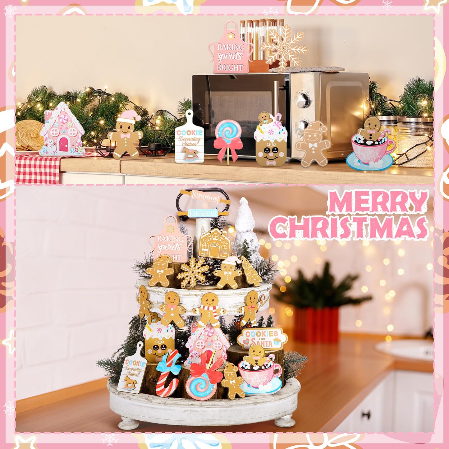Chunful 20 Pcs Christmas Gingerbread Tiered Tray Decor Pink Pastel Wooden Tiered Tray Decoration Set Winter Table Signs Xmas Tree Snowflake Tabletop Centerpieces for Farmhouse Shelf Office Home