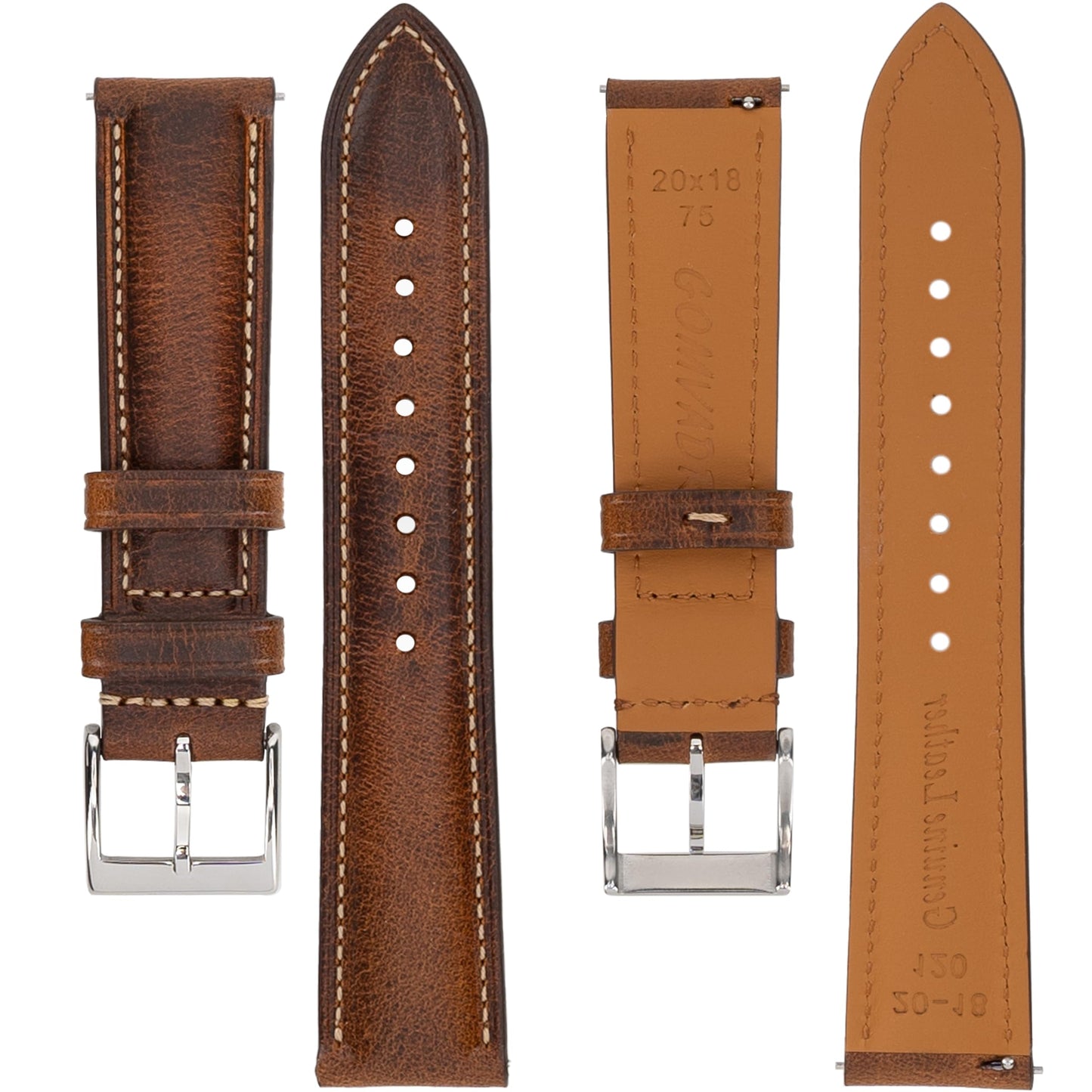 Gomvadr Quick Release Leather Watch Bands for Men 14mm 16mm 18mm 19mm 20mm XL 21mm 22mm XXL 24mm ,Vintage Oil Wax-tanned Pull-up Men's Watch Bands Replacement Leather Watch Straps for Men Women(Cognac with Contrast Stitch, 18mm-Regular)