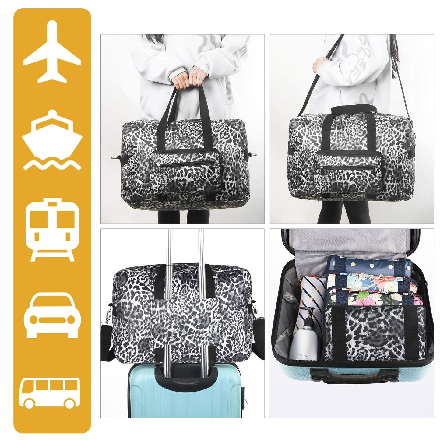 F.FETIVIN Travel Foldable Waterproof Duffel Bag - Lightweight Carry on Luggage Tote Duffel Bag(Leopard Print)